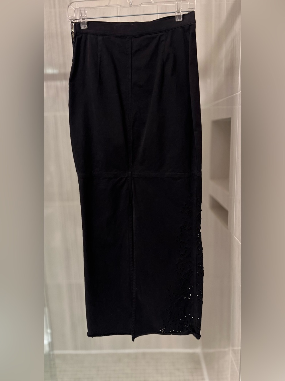 TRANSIT Par-Such Italian Black Laser Cut Eyelet Maxi Skirt Column Raw Hem